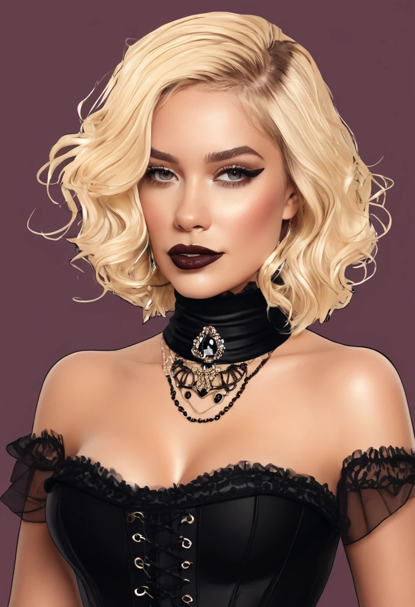  The image is a digital artwork of a female character with blonde hair, styled in a wavy bob, wearing a black corset top and a black choker.