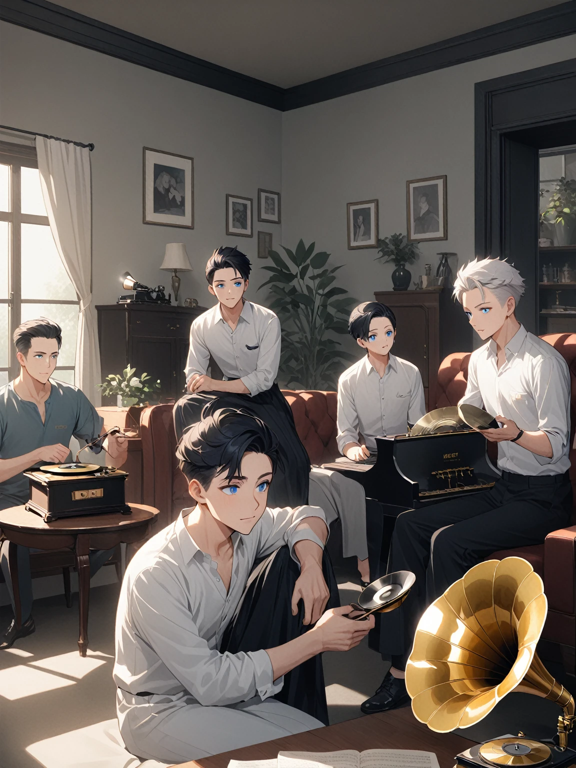 gramophone วินเทจ, simple living room , Quiff hairstyle, black short hair , old phonograph, gramophone,Listen to music,rest day ,The background is the house. , 3 men, 3 men, (30 year old man:mature man,สวมใส่white dress,black hair, blue eyes),(2 year old boy:black dress,black hair,blue eyes),(2 year old boy:white dress,white hair,blue eyes)