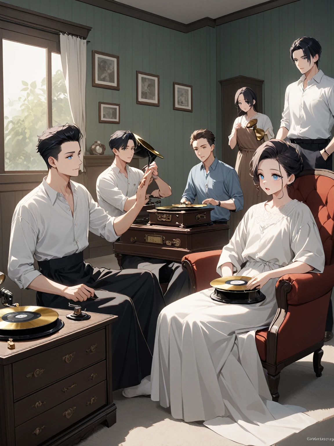 gramophone วินเทจ, simple living room , Quiff hairstyle, black short hair , old phonograph, gramophone,Listen to music,rest day ,The background is the house. , 3 men, 3 men, (30 year old man:mature man,สวมใส่white dress,black hair, blue eyes),(2 year old boy:black dress,black hair,blue eyes),(2 year old boy:white dress,white hair,blue eyes)
