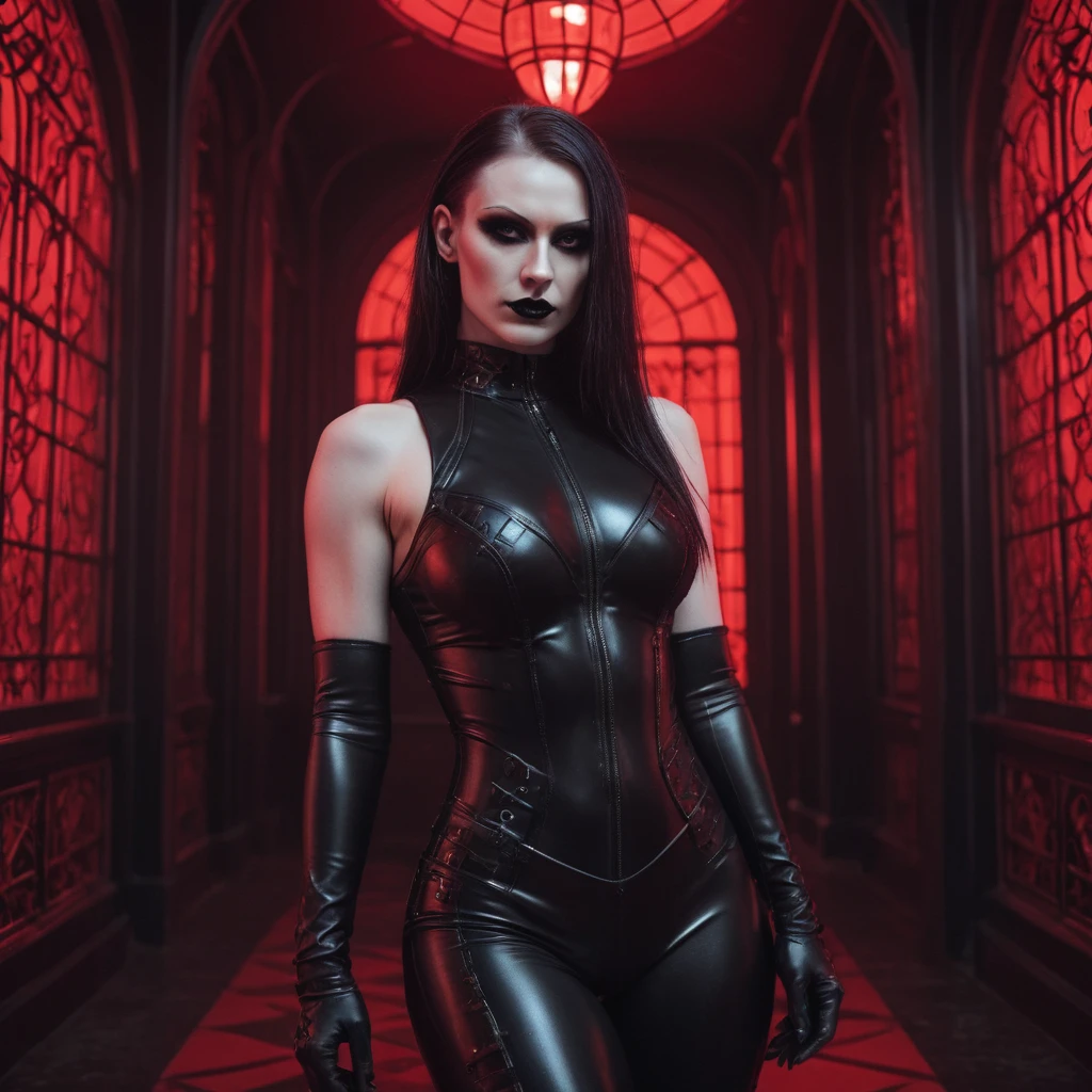 Slavic Demon athletic muscular evil slavic woman, pale skin, long dark blond hair, Dressed in a latex swimsuit, posing for a photo, ((artistic model pose for photo)), red neon behind her, Gothic aesthetics, very beautiful goth top model, goth woman, The Queen of Dark Gothic, Gothic horror atmosphere, Dark Synth Vibrations, Dark and intricate, Gothic and futuristic, Latex Fetish, Gothic atmosphere, dark demonic dancer, ornamental gothic - cyberpunk, red lights, ultra detailed, hyperrealism, masterpiece, perfectly focused, f/22, symmetry and balance, artistic, infrared photography, outstanding details, 8K