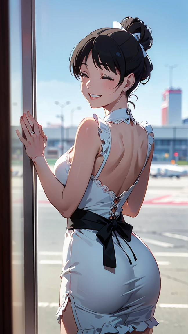  ((Pure white dress: 1.5)), ((Luxurious dress: 1.5)), ((Cute frilly dress: 1.5)), High quality, (8K, Raw, Best quality, Real: 1.5)), Ultra high quality, High quality, Best quality, Perfect face, Perfect limbs, Perfect fingers, High resolution, (((Blue sky: 1.5))), (((Jumbo jet seen through a large glass window: 1.5))), A girl with the deserted Haneda Airport in the background, (((Back view: 1.5))), (Beautiful anime face, Cute face, Detailed face), -- (black hair, Bangs), ((Slim Figure1.2)), (((medium Breasts1.3))),--Adorable smile, (((Smiling with eyes closed:1.5))), (((Smile: 1.5))), Open lips, , Stand, Turn around, Back view, Miniature human hand, ((Haneda airport background detail: 1.5)), cartoon-like, perfect anatomy, perfect proportions, evening, nice lighting, bright colors, clean lines, information, blurry, stunning facial expression, restless emotions, gorgeous, cute, detailed beautiful face and eyes, (masterpiece) beautiful face, young handsome girl, realistic and perfect skin, bokeh, stunning facial expression, restless emotions, gorgeous, cute, detailed beautiful face and eyes, (Audrey Hepburn), (17 years old), Blake, slim with cleavage Such beautiful skin, (cute type), (J-pop idol), (thighs, (depth of field), (depth of field), soft light, glittering lens gaze, (droopy eyes), straight teeth, shy smile, floating hair, Blake movie scene, full color of the movie, 4K, 8K, 16K lace, raw photo, must-see movie, professional color grade, professional photographer, high school girl, , soft clean focus, realistic lighting and shading, (very delicate (beautiful artistic), graceful eyes), (thin), (abdomen 0. 95), (slim), (beautiful girl), (waist detail 1.15), (beautiful girl), (detail), open lips, face with full makeup with red lips, (glowing skin), (perfect female body), (total length 1.