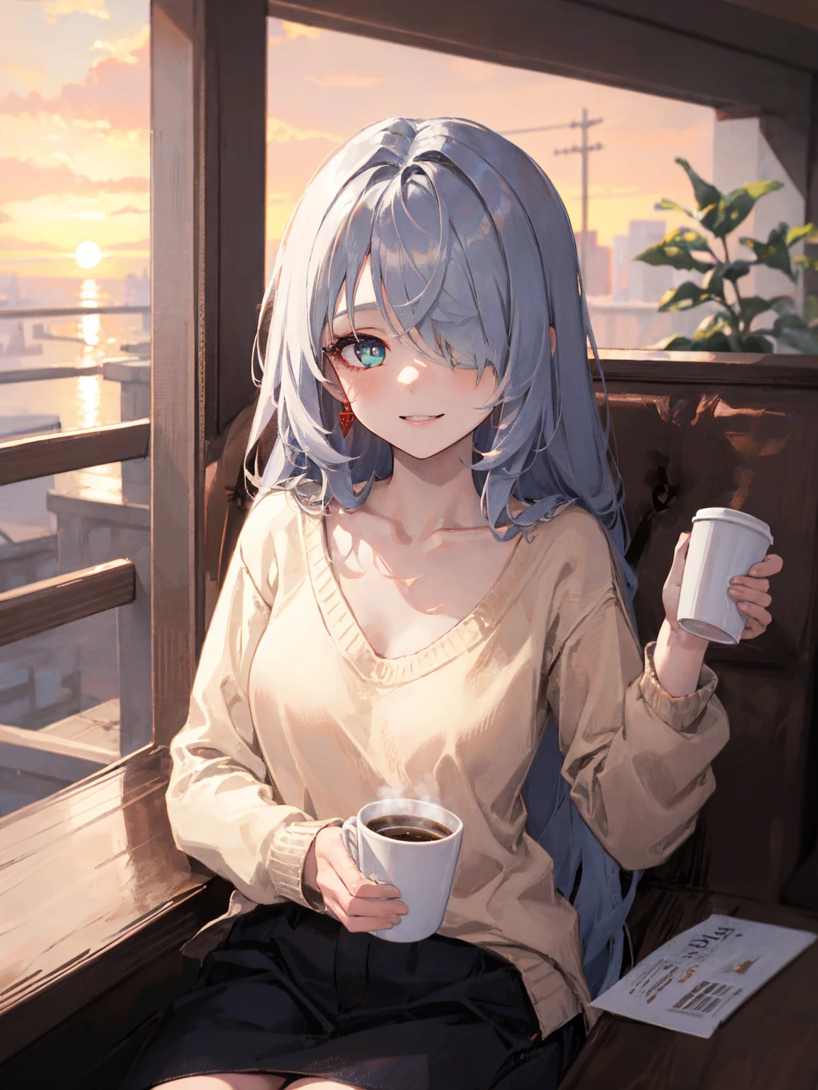 ((8k, Highest quality, masterpiece: 1.3)),Ultra-high resolution,(1 girl, alone), (Color changing eyes, Ultra-detailed, Expressive brilliance, Glitter, Glowing Eyes), Highly detailed eyes, Highly detailed face, Random Hair, ((pastel colour) The woman is seated at a small table on the balcony of a modern apartment, with a small plate of sushi and a cup of green tea in front of her. She’s wearing a light gray hoodie and casual shorts, her hair in a messy bun. The balcony overlooks a peaceful cityscape, with the afternoon sun casting gentle shadows. She looks at the camera with a warm, loving smile, her eyes filled with adoration as she talks, her hand resting on the table, the other gesturing softly, inviting her boyfriend into the conversation.