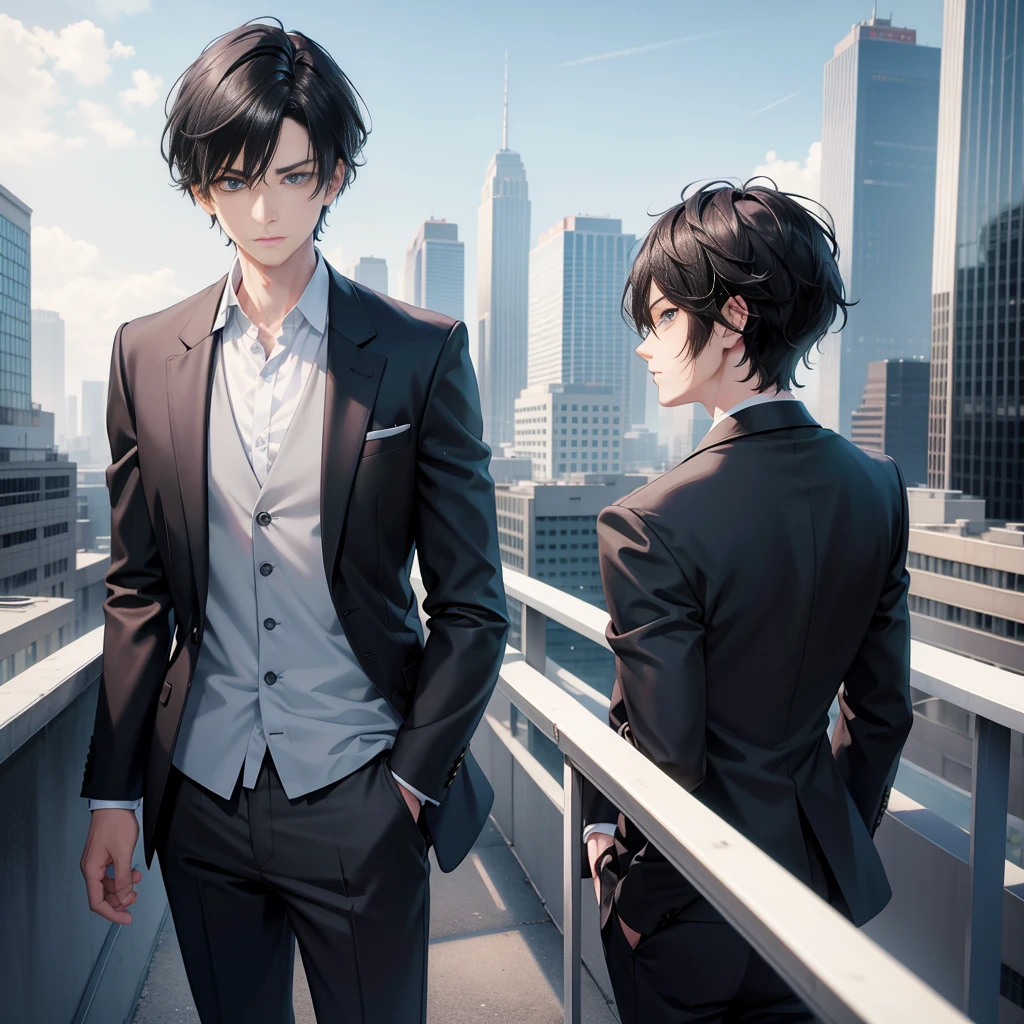 Realistic Anime style, 1boy, short black hair, light blue eyes, wearing all grey suits, on top of a building, high res, ultrasharp, 8k, masterpiece, looking at viewer from behind