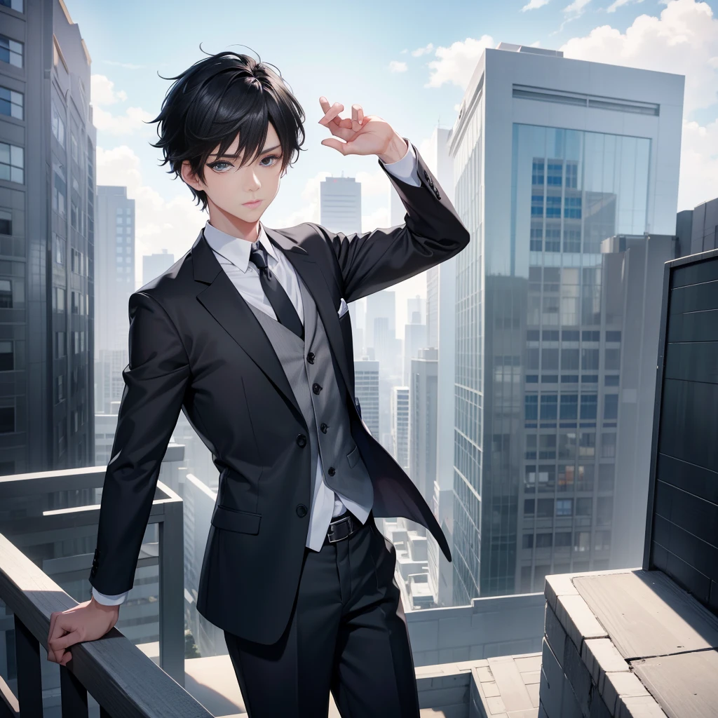 Realistic Anime style, 1boy, short black hair, light blue eyes, wearing all grey suits, on top of a building, high res, ultrasharp, 8k, masterpiece, looking at viewer from behind