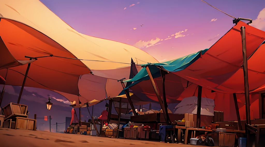 traditional market, (market tents), canopies, butchery, wooden boxes, wooden basket, strings, sand ground, dawn sky, dark morning, low angle,