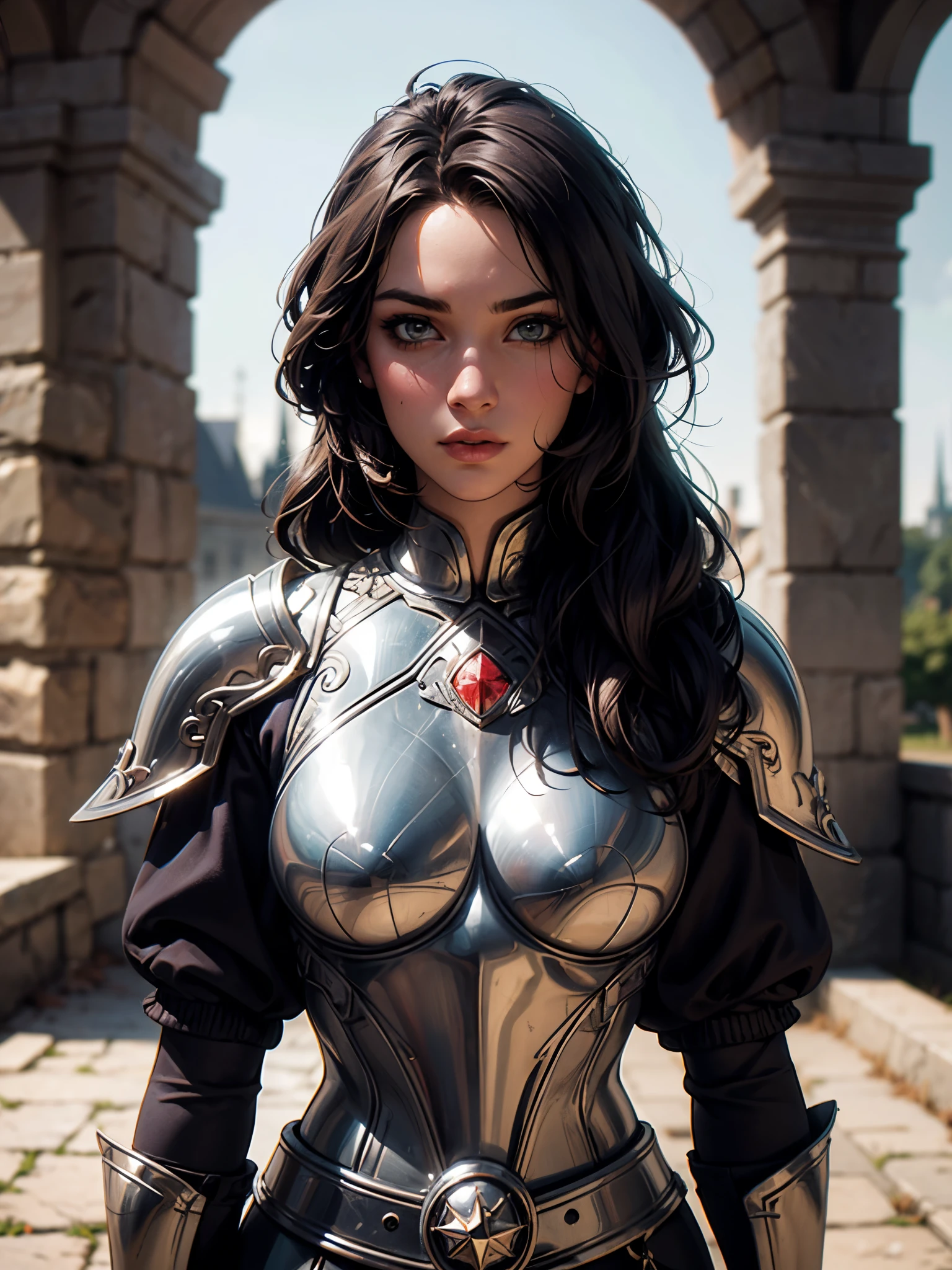 (masterpiece), (extremely intricate:1.3),, (realistic), portrait of a girl, the most beautiful in the world, (medieval armor), metal reflections, upper body, outdoors, intense sunlight, far away castle, professional photograph of a stunning woman detailed, sharp focus, dramatic, award winning, cinematic lighting, octane render, unreal engine, volumetrics dtx, (film grain, bokeh, blurry foreground, blurry background), crest on chest, sultry look, seductive