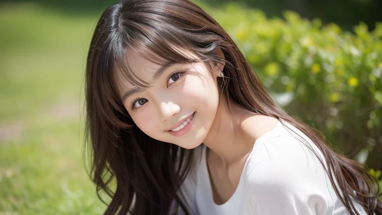 Produce the highest quality and highest resolution 8K images。The model is a 20-year-old Japanese woman.。Draw the whole body of a woman。Please draw an image of a smiling person taking a commemorative photo at a tourist spot.。Please draw the whole body of the model。She has brown eyes and a model figure.、She has an idol-level cute face.。The hair is curly。Skin has a healthy color。Clothes、I'm wearing early summer clothes。