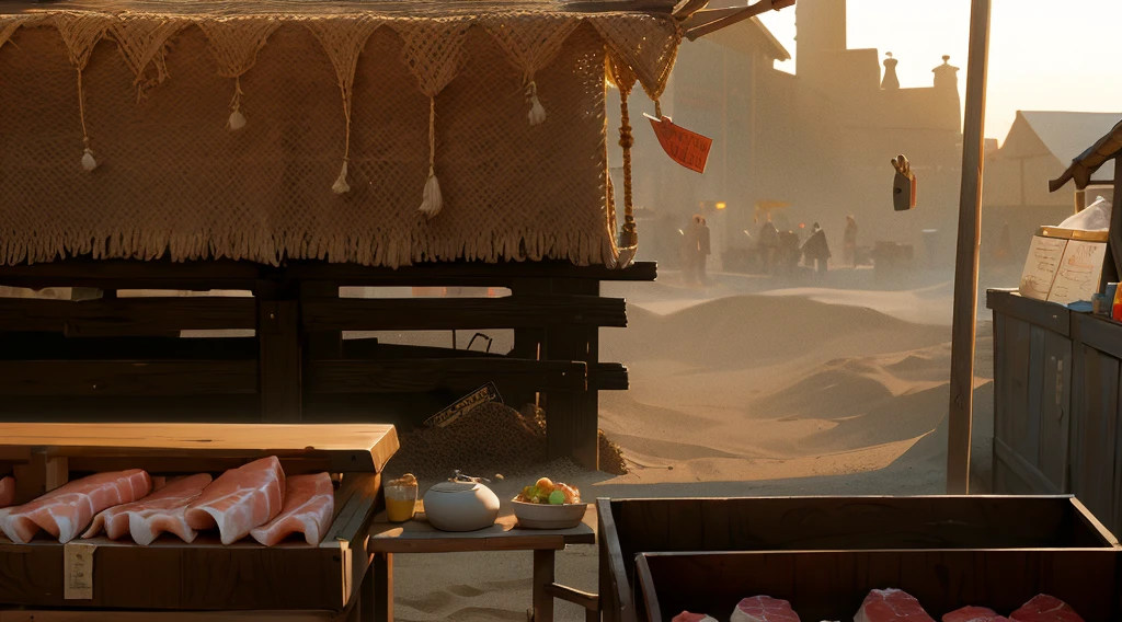 traditional market, market stall, (market tens), (they sell human flesh, chopped hand and feet, human meats), sellwooden box, wooden table, (sand ground, sand hill behind the stall), dawn time, dark morning, 