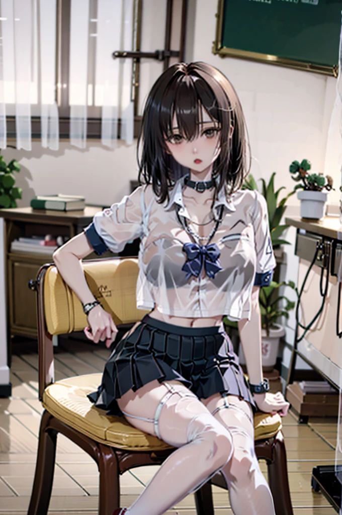 Blurred, depth_of_Field, Blurred_background, machine, School_machine, classroom, Blurred_prospect, School_chair, chair, skirt, bow, 1人of女of子, of上_machine, alone, black_hair, School_uniform, pantyhose, Sitting_of上_machine, indoor, School, black_Legwear, curtain, short_hair, bowtie, black板, Sitting, shoes, shirt, red_bow