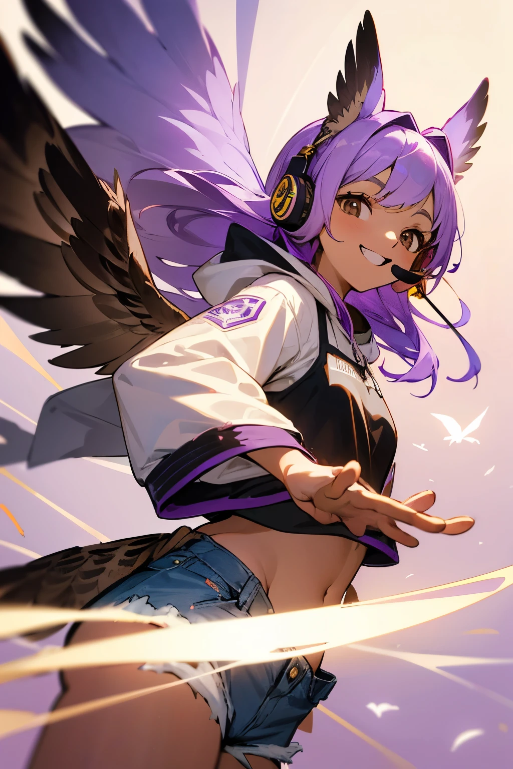 bird girl, long light purple hair, light brown skin, dark brown eyes, owl ears, owl wings, feathery tail, (headset with mic), white jacket with hood and purple underside, black cami top, denim shorts, smiling