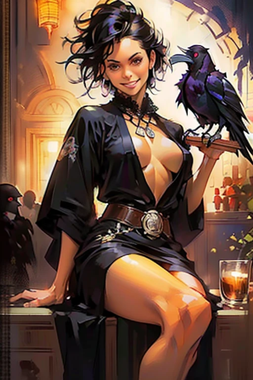 ((raven in background:1.4)), ((pov, serving the viewer a cup of coffee, friendly smile:1.3)),Good morning. sexy 21 yo woman,(Mexican)descent, dark hair, brown eyes, beautiful athletic figure, natural perky breasts, perfect ass, tan, shapely toned legs, silk robe, sheer lace black lingerie. Masterpiece, (highly detailed:1.2),(detailed face and eyes:1.2), 8k wallpaper, Moody lighting. core shadows, high contrast, bokeh.