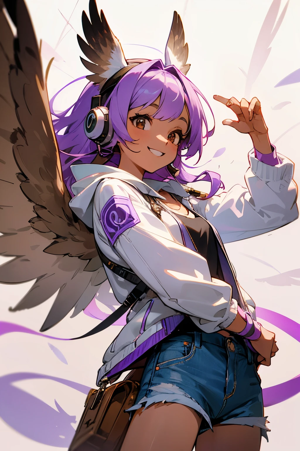 bird girl, long light purple hair, light brown skin, dark brown eyes, owl ears, owl wings, feather tail, (headset with mic), white jacket with hood and purple underside, black cami top, denim shorts, smiling