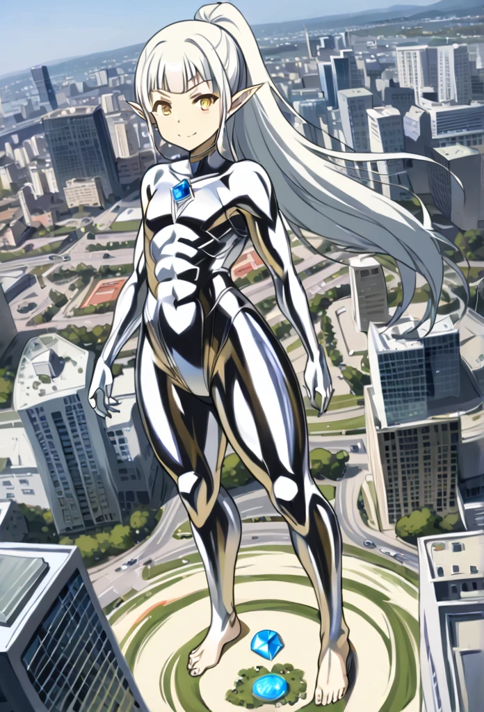 1girl, solo, anime style, 4k quality, masterpiece, best quality, sword art online, yui, long hair, blunt bangs, white hair, very long hair, high ponytail, pointy ears, elf, barefoot, ultrawoman, robot, colored skin, glowing eyes, yellow eyes, flat chest, giantess, giant, metallic face, metallic skin, shiny skin, chrome skin, gem on chest, colour timer on chest, chest jewel, blue jewel, muscular, abs, Female Bodybuilding Style. thick_thighs, looking at viewer, full body, smile, closed mouth, standing, giantess, outdoor, city, citycape, skyscraper