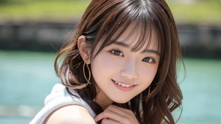 Produce the highest quality and highest resolution 8K images。The model is a 20-year-old Japanese woman.。Draw the whole body of a woman。Please draw an image of a smiling person taking a commemorative photo at a tourist spot.。Please draw the whole body of the model。She has brown eyes and a model figure.、She has an idol-level cute face.。The hair is curly。Skin has a healthy color。Clothes、I'm wearing early summer clothes。