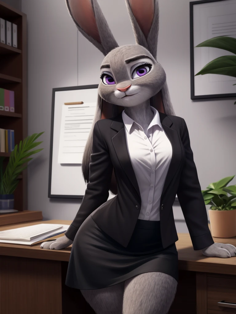 best quality,
masterpiece,
High quality
ultra-detailed
beautiful detailed,
hyper Realistic,
Portrait,
Looking at the audience,
detailed background,
background is an office,
(Face is JudyHopps:1.2),
((long straight hair)),
(see-through bangs:1.1),
westy bangs,
beautiful eyes,
purple eyes,
(arched eyebrows:1.2),
(uplift eyebrows:1.1),
(rabbit ears:1.1),
office lady is wearing suit,
((White blouse)),
((Black blazer jacket)),
((Black skirt)),
clothes made of cotton,
(body is gray felt:1.3),
human hands,
(solo:1.5),
(1 lady:1.5),
one character only
alone,
Perfect Anatomy