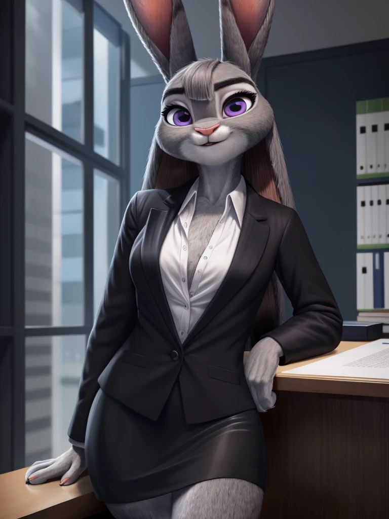 best quality,
masterpiece,
High quality
ultra-detailed
beautiful detailed,
hyper Realistic,
Portrait,
Looking at the audience,
detailed background,
background is an office,
(Face is JudyHopps:1.2),
((long straight hair)),
(see-through bangs:1.1),
westy bangs,
beautiful eyes,
purple eyes,
(arched eyebrows:1.2),
(uplift eyebrows:1.1),
(rabbit ears:1.1),
office lady is wearing suit,
((White blouse)),
((Black blazer jacket)),
((Black skirt)),
clothes made of cotton,
(body is gray felt:1.3),
human hands,
(solo:1.5),
(1 lady:1.5),
one character only
alone,
Perfect Anatomy