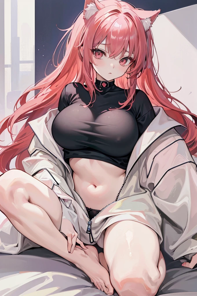 (masterpiece, Highest quality:1.2), highest quality, masterpiece, high resolution, Anime style, portraiture, ash red hair, pink hair, long hair, breasts cleavage, choker, black choker, looking at viewer, barefoot, gold eyes, ((big breasts, huge breasts, large breasts, ample breasts)), cat ears, multicolored hair, gradient hair, navel-gazing, navel, breast exposure, sleepy face, opened zipper