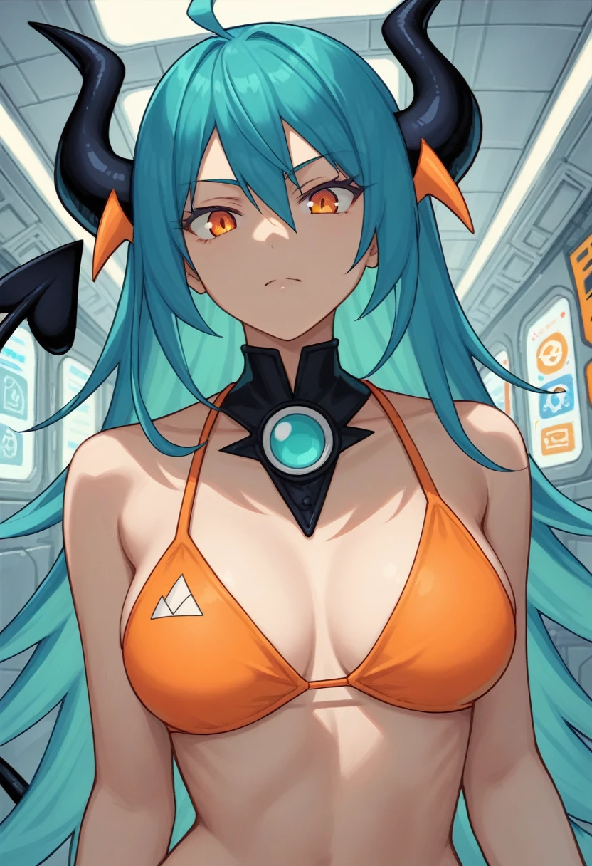 score_9, score_8_up, score_7_up,1 daemon woman,black demon horns, black demon tail, (aquamarine hair),aquamarine green color hair,ahoge, long hair, (long hair),bangs, light orange bikini,bikini is orange, bikini orange, orange bikini!, (orange eyes), background is spaceship, orange eyes, 1woman ,facing viewer, daemon girl, close up,Well-endowed, alone,Spacecraft interior