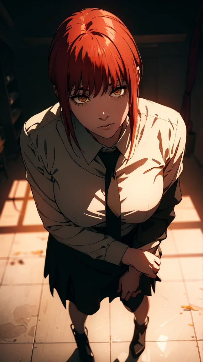 The character Makima from the anime series Chainsaw Man, fragile, full length (Full body 1.1.), dark background, darkness, Correct anatomy 1.1, correct hand anatomyVery sexy, erotica, very feminine, beautiful figure, legs, buttocks, Beautiful body, red hair, orange eyes, Red circles for ren, summer dress, sexy pose, realistic, very detailed, Beautiful body, detailed body, detailed hands, detailed, Vibrating, detailed Face, Makima character design. very detailed, detailed body, detailed hands, detailed Face, anime art, Hugh Details, Very downcast face, detailed eyes, Super thin illustration, best shadow, Fine detail, beautiful detailed glow, beautiful detailed, Extraordinarily beautiful, extremely detailed, inexpressive, epic composition, Anime style. anime art anime art, Anime style,