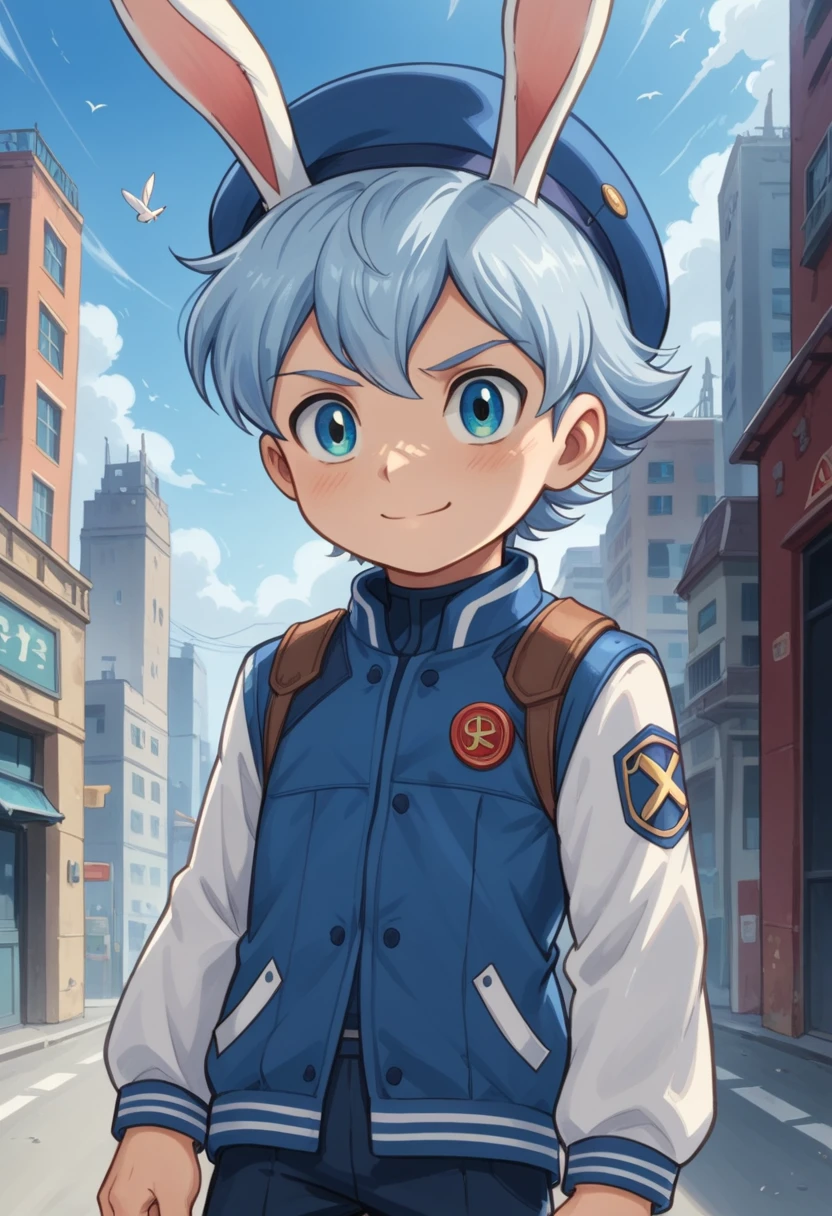 Score_9, score_8_up, score_7_up, rating_safe, Cute young naked boy, luca,blue hair, blue eyes, rabbit ears,rabbit boy,　cute face, very smail, light smile,  grinning evily，Boy student，short detailed hair，Shota，solo person，Wear a red and blue beret，punky style，Black stroke，solo person，Fluttering feathers，The city of the future，nigth，Contre-Jour,  full view body,