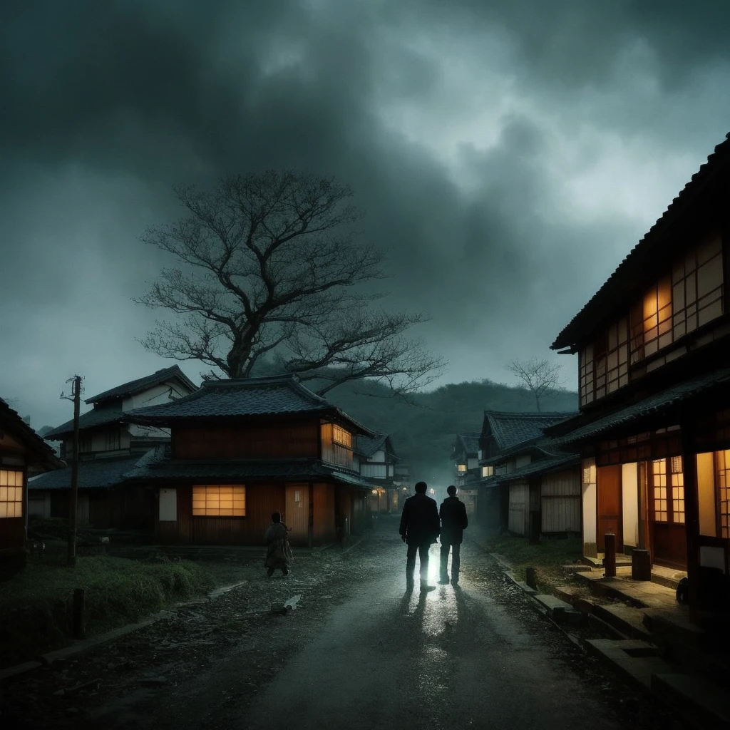 Villagers searching for their missing lord, engulfed in fear and anxiety. The village is depicted with mysterious occurrences happening around, adding to the eerie atmosphere.Lots of villagers、Japan