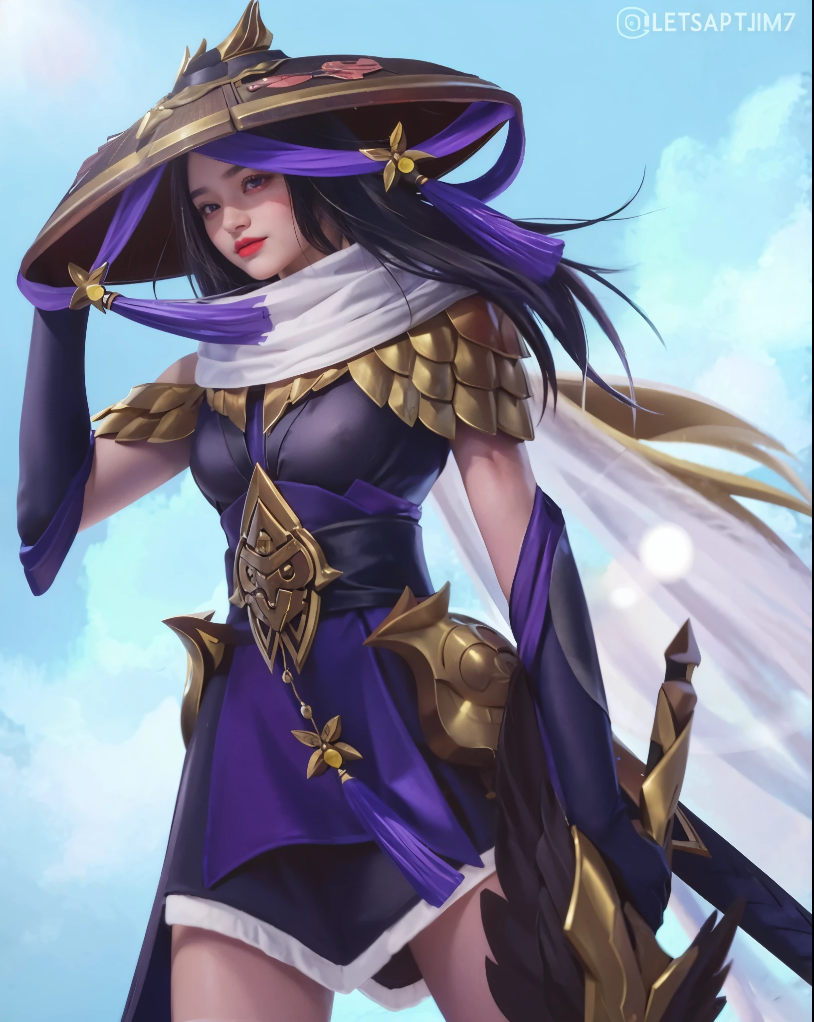 (female:1.2), 8k, ultra hd, ultra detailed texture, hyper realistic, masterpiece, detailed texture, detailed face, detailed skin, detailed lighting, (photorealistic:1.5), best quality, beautiful lighting, cinematic lighting, professional lighting, ultra highres, realistic, detailed hair, real hair, high quality, (realskin:1.5), extremely detailed, finely detail, ultra-detailed, 1girl, solo, elf, pointy ears, standing, demon horns, forehead protector, (red eyes:1.5), v-shapped eyebrow, lips, red lips, evil smile, nose, make up, pretty, beautiful, cute face, long hair, blue hair, high ponytail, large breasts, cleavage, armpit, navel, stomach, black armor, pauldrons, bare shoulders, shoulder armor, thigh high, sleevless, detached sleeves, breastplate, gauntlets, karina \(mobile legends\), depth of field, looking aways, white skin, skin tight, amazing pose, outdoors, glowing, dark view, blurry background