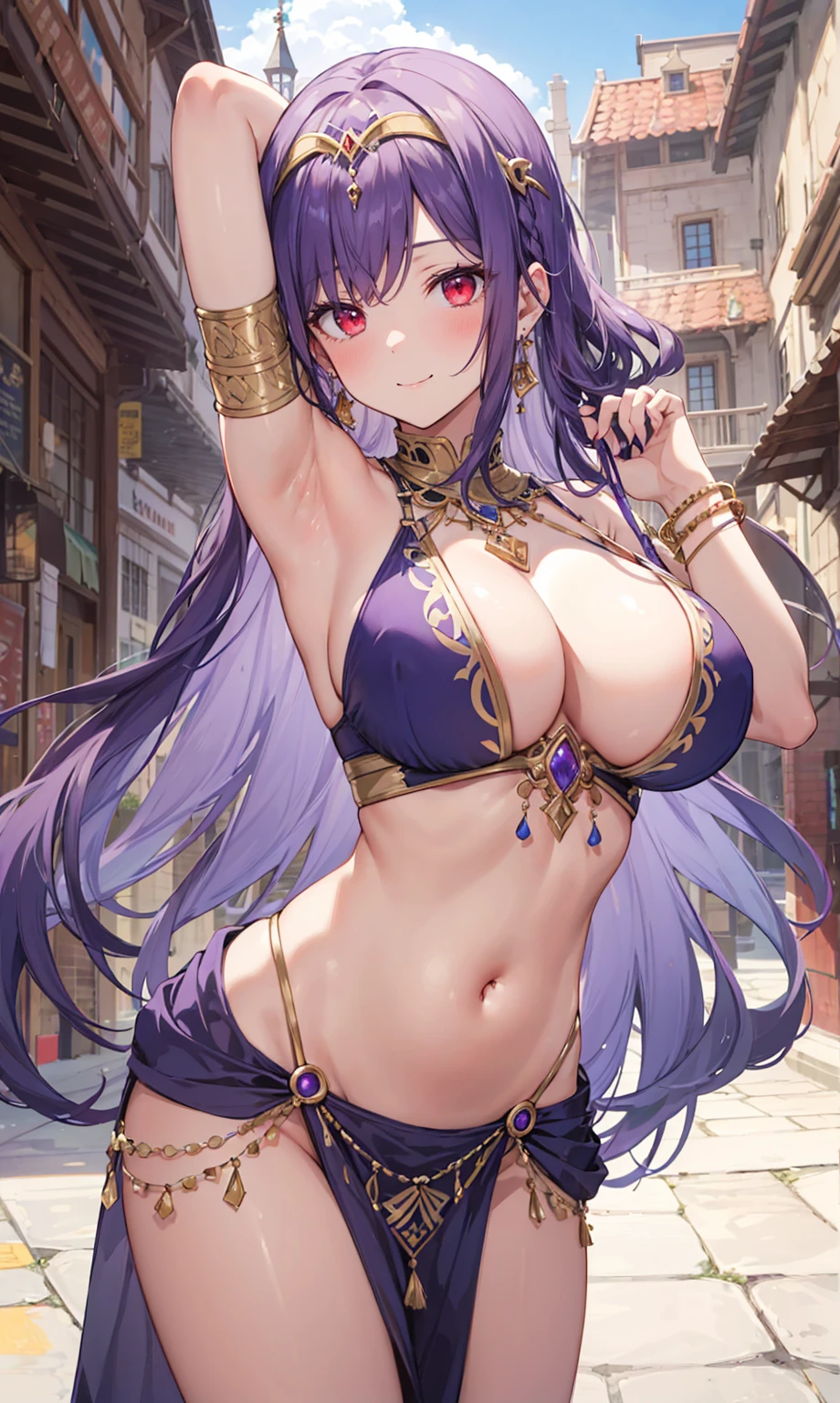 high quality, ultra detailed, best quality, insanely detailed, beautiful, masterpiece, 1girl, medieval plaza, cowboy shot, red eyes, long hair, purple hair, belly dancer, circlet, earrings, armlets, bracelets, bashful smile, large breasts, cleavage, soft stomach