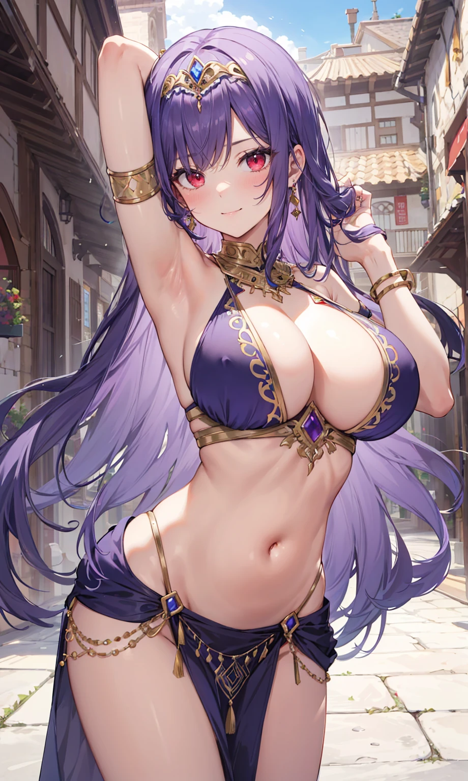 high quality, ultra detailed, best quality, insanely detailed, beautiful, masterpiece, 1girl, medieval plaza, cowboy shot, red eyes, long hair, purple hair, belly dancer, circlet, earrings, armlets, bracelets, bashful smile, large breasts, cleavage, soft stomach