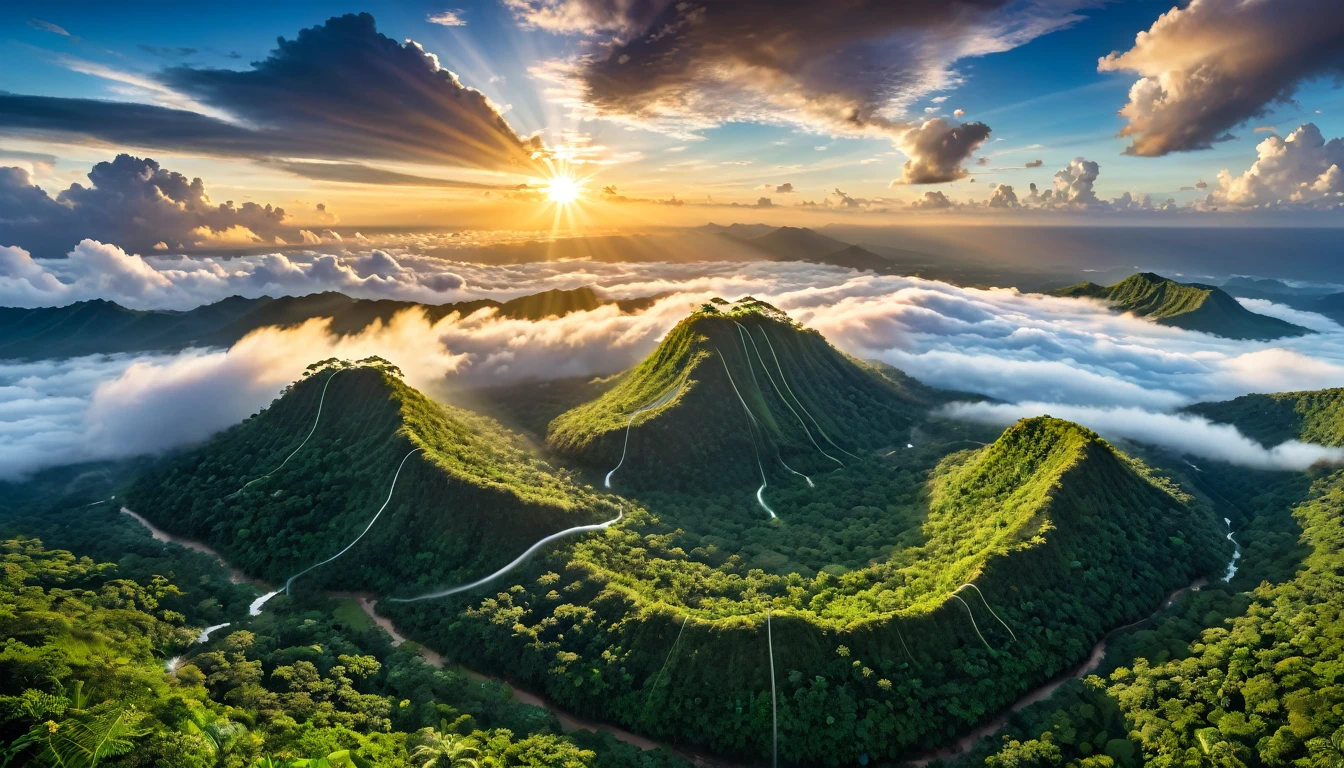 ((masterpiece)), ((best quality)), ((Extremely detailed)), (Astonishing:1.1), beautiful, nature, sky and ground, Sunrise Time, Line Cloud,Rays of light coming from the clouds, Located in a remote jungle, Award-winning photos, BLN-L24, touch,High contrast,Low saturation,High saturation 8k 3D, F2.8 Lenses, Aerial View,