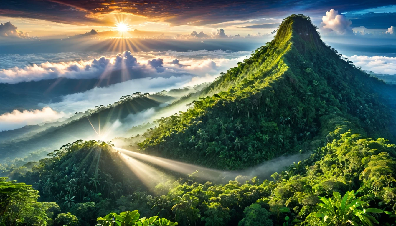 ((masterpiece)), ((best quality)), ((Extremely detailed)), (Astonishing:1.1), beautiful, nature, sky and ground, Sunrise Time, Line Cloud,Rays of light coming from the clouds, Located in a remote jungle, Award-winning photos, BLN-L24, touch,High contrast,Low saturation,High saturation 8k 3D, F2.8 Lenses, Aerial View,