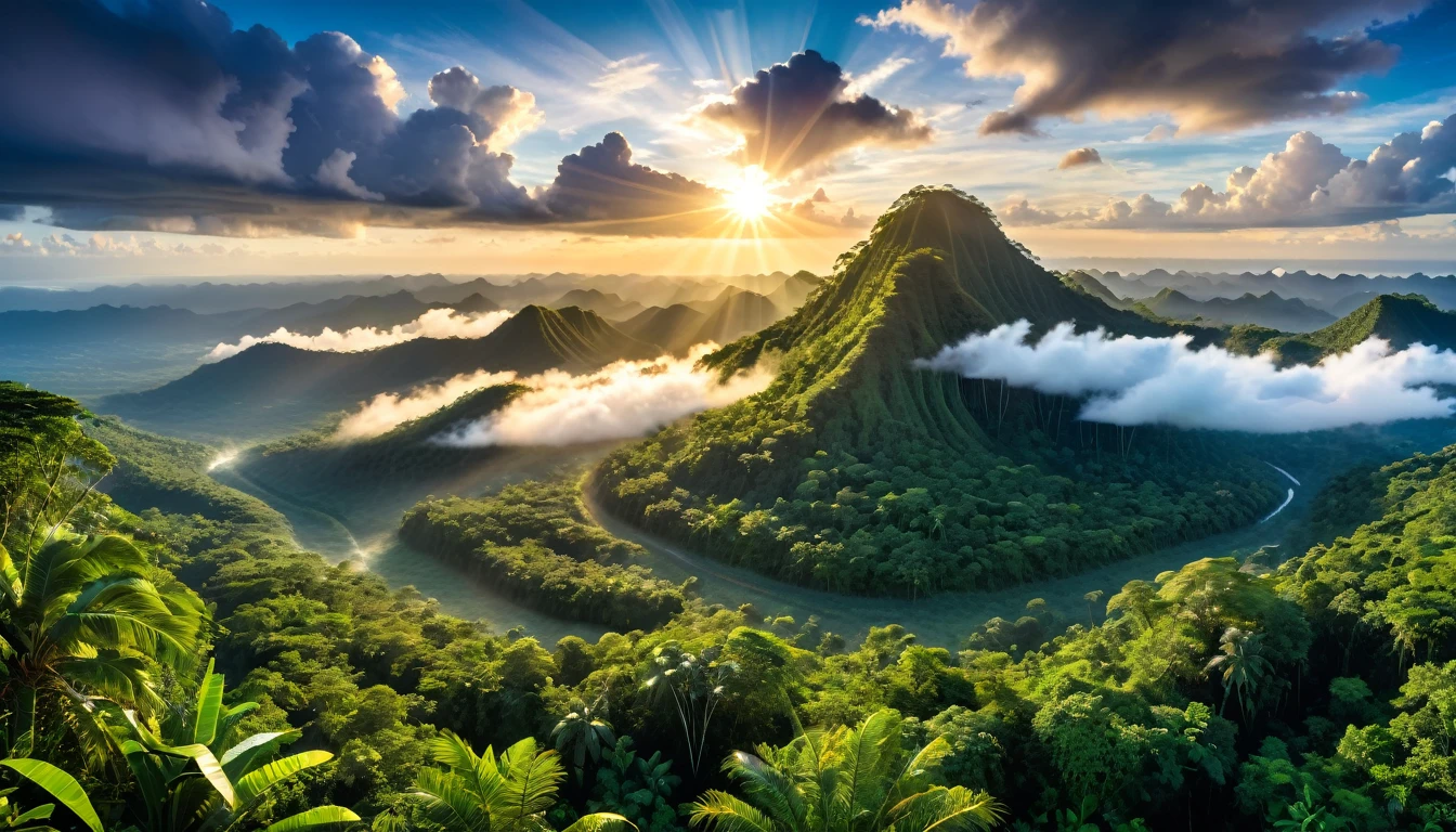 ((masterpiece)), ((best quality)), ((Extremely detailed)), (Astonishing:1.1), beautiful, nature, sky and ground, Sunrise Time, Line Cloud,Rays of light coming from the clouds, Located in a remote jungle, Award-winning photos, BLN-L24, touch,High contrast,Low saturation,High saturation 8k 3D, F2.8 Lenses, Aerial View, 