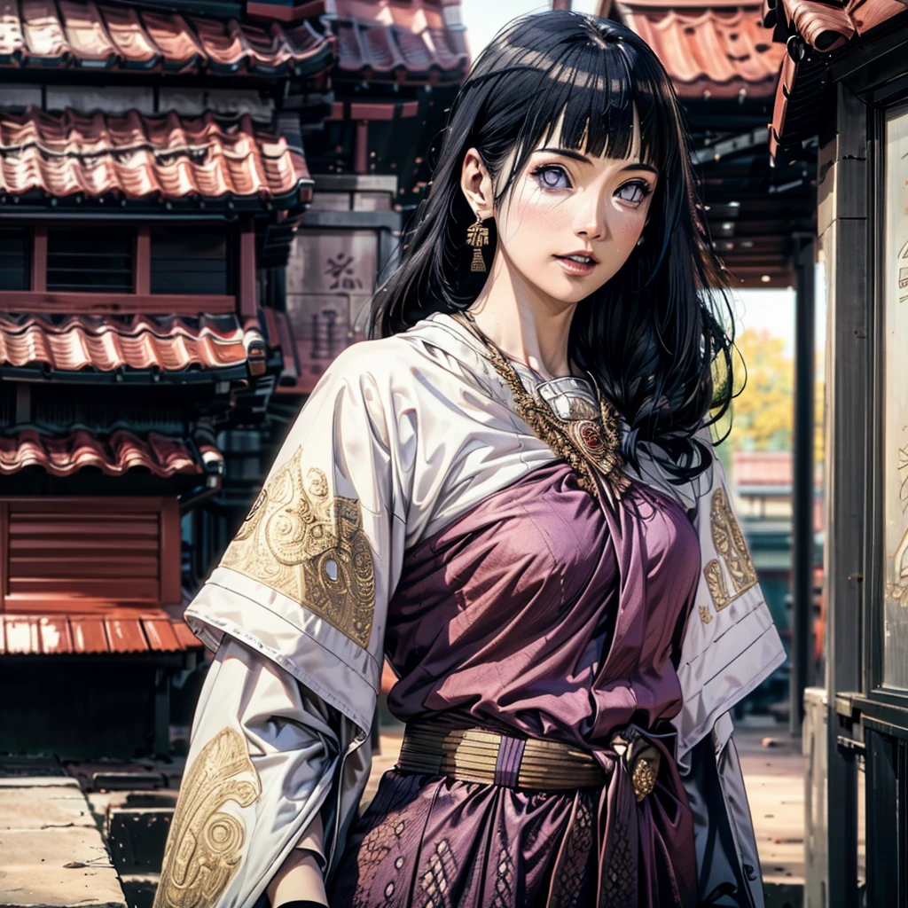 detailed face, detailed eyes, shiny skin, (extremely detailed 8k wallpaper),(8k, RAW photo, HDR, absurdres:1.2,best quality, masterpiece:1.2), (realistic, photo-realistic:1.37),best quality, realistic, photorealistic,ultra detailed,extremely detailed face,BRIGHT LIGHT,ultrawide shot, 8k uhd, dslr, soft lighting, high quality, film grain, Fujifilm XT3 tradition gold body strap, red sabai dress, thai traditional necklace, thai traditional bracelets, thai traditional belt, thai traditional earring, strapless thai traditional dress, temple,indoor,Statue of Buddha, ((blunt bangs)), dark blue hair, purple eyes, long hair, detailed face, ((1 girl)),beautiful ,Character Hinata Uzumaki from Naruto