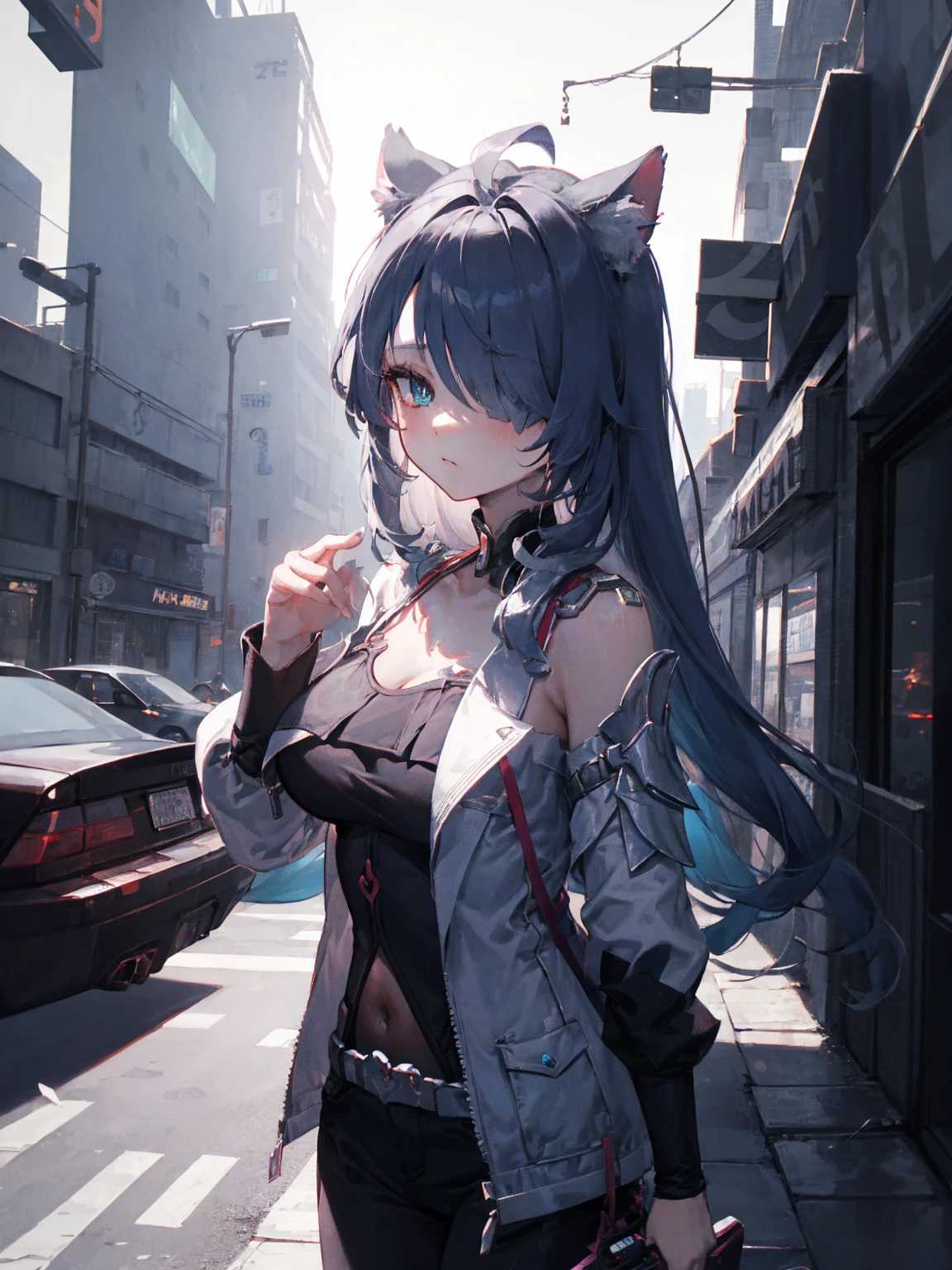 anime girl with long hair and cat ears in a city, digital cyberpunk anime art, cyberpunk anime girl mech, female cyberpunk anime girl, cyberpunk anime girl, anime cyberpunk art, cute cyborg girl, digital cyberpunk - anime art, cyberpunk anime art, (hair over one eye), (heterochromia), detailed collarbone, perfect collarbone, oppai cyberpunk, anime style 4 k, perfect android girl, cyberpunk beautiful girl, beutiful girl cyborg