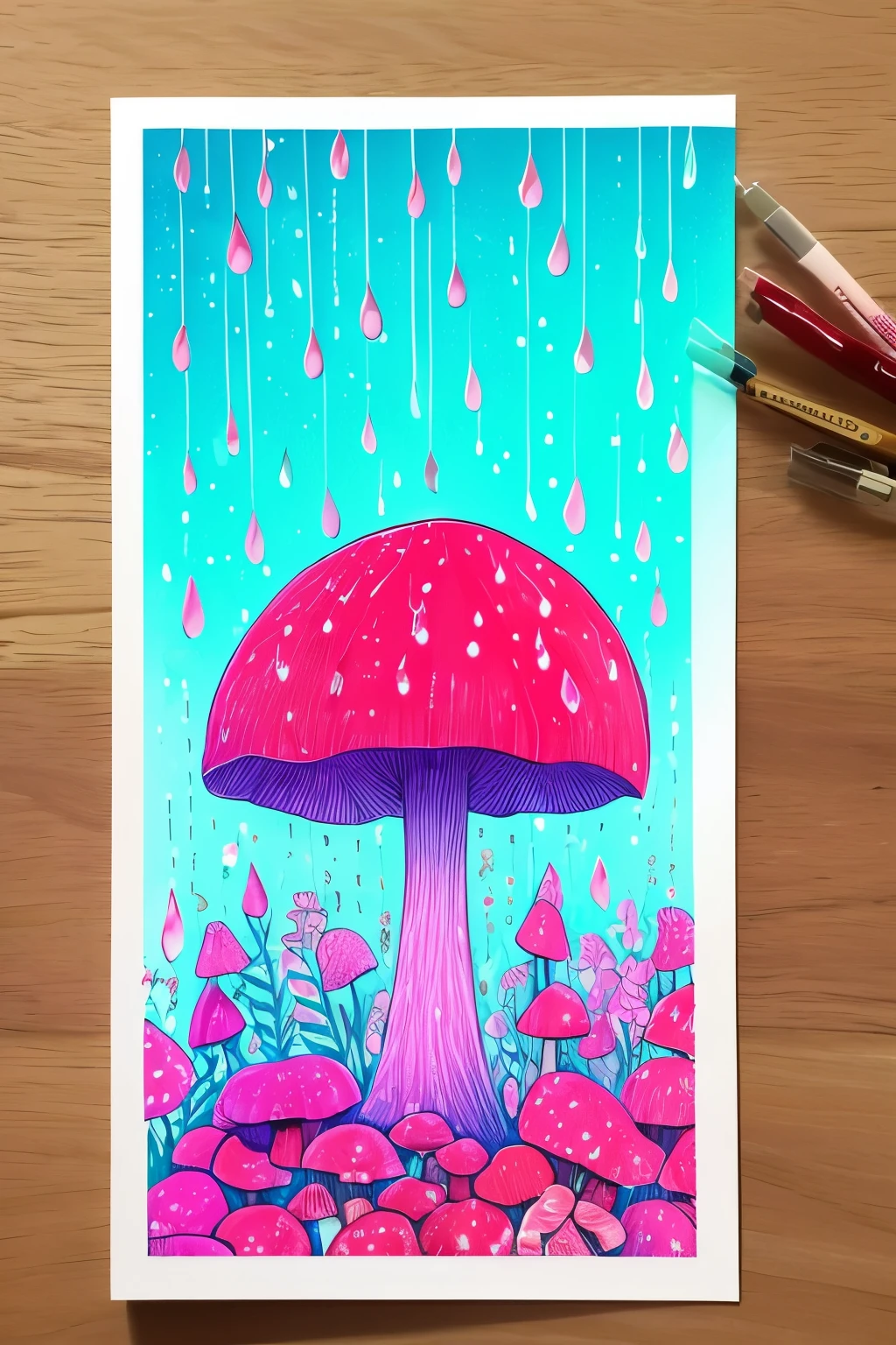 red mushroom,hydrangea,rain,luminous design, pastel colours, ink drips, summer lights