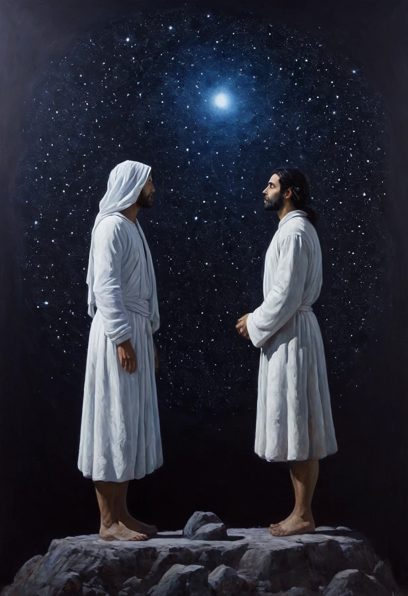 Painting of two figures under a starry sky, one in black, the other in white, Conversation, astrology. Cinematic scene, volumetric lights, ultra realistic, in the style of Nikola Samori