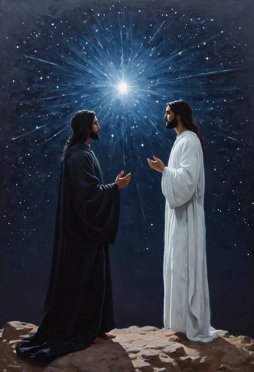 Painting of two figures under a starry sky, one in black, the other in white, Conversation, astrology. Cinematic scene, volumetric lights, ultra realistic, in the style of Nikola Samori