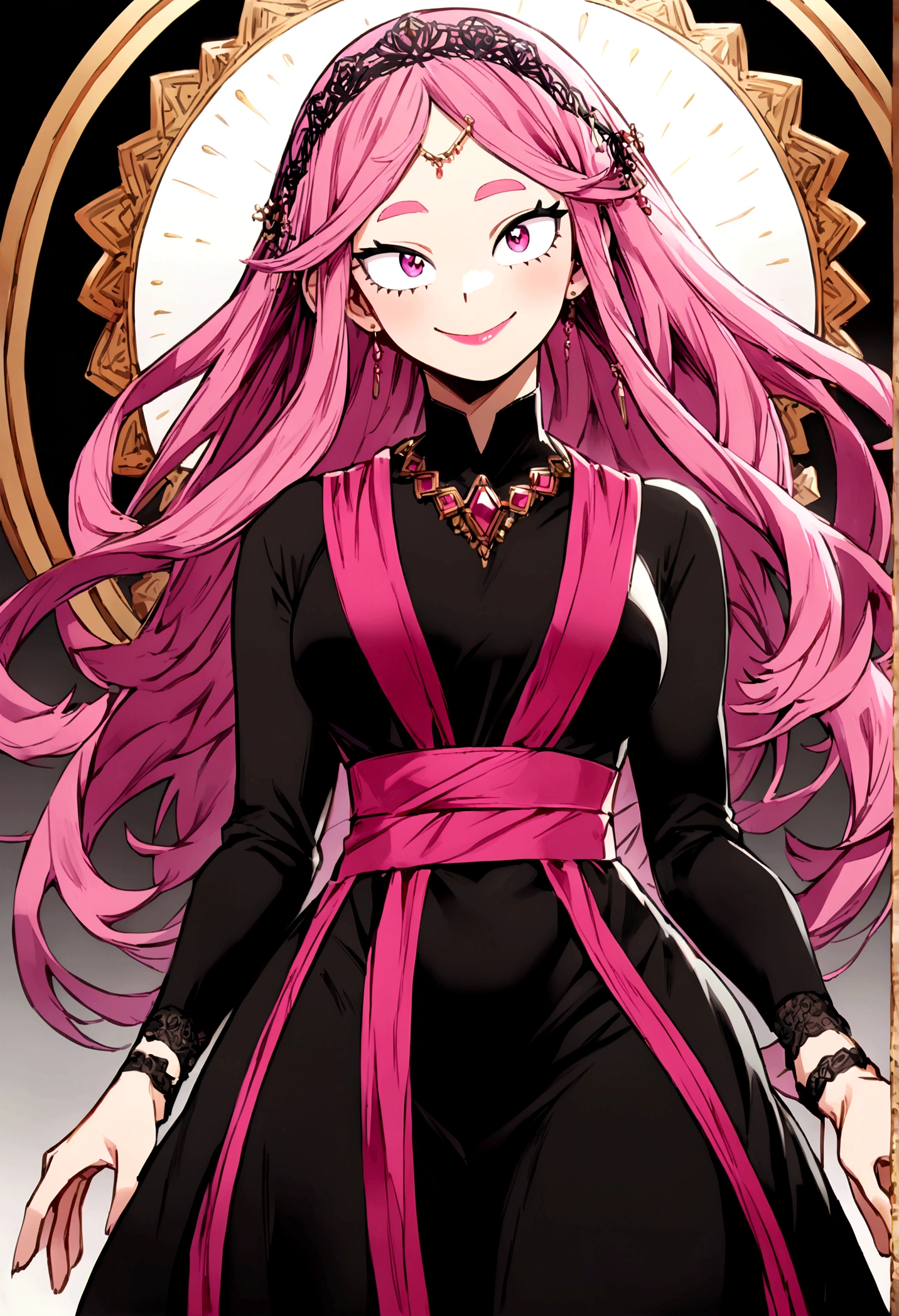 Boku no hero academia style,Women,smile,long loose waist-length and pink hair, clear skin,pink lips,white pink and black tight clothing, eyebrow-length bangs, fuchsia pink eyes