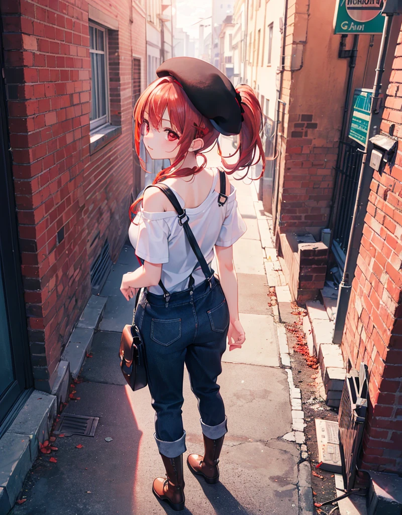 (Close-up:1.3),Realistic,Highest quality, Ultra Detail, High-quality CG rendering, The most delicate and beautiful, Floating softly, High resolution, (1 girl), (Highest quality,4K,8K,masterpiece:1.2),(All red hair:1.5), (ponytail:1.5),(Red eyes:1.5),(Slightly larger breasts:1.2), (Black overalls:1.3),(Pure white inner T-shirt:1.3),(Black boots:1.3)、(Brown Beret:1.3)、Piercing in left ear,In the city,old buildings,(whole body:1.3),(Turn your back to your audience:1.3),Butt,Are standing,(Small shoulder bag:1.3)