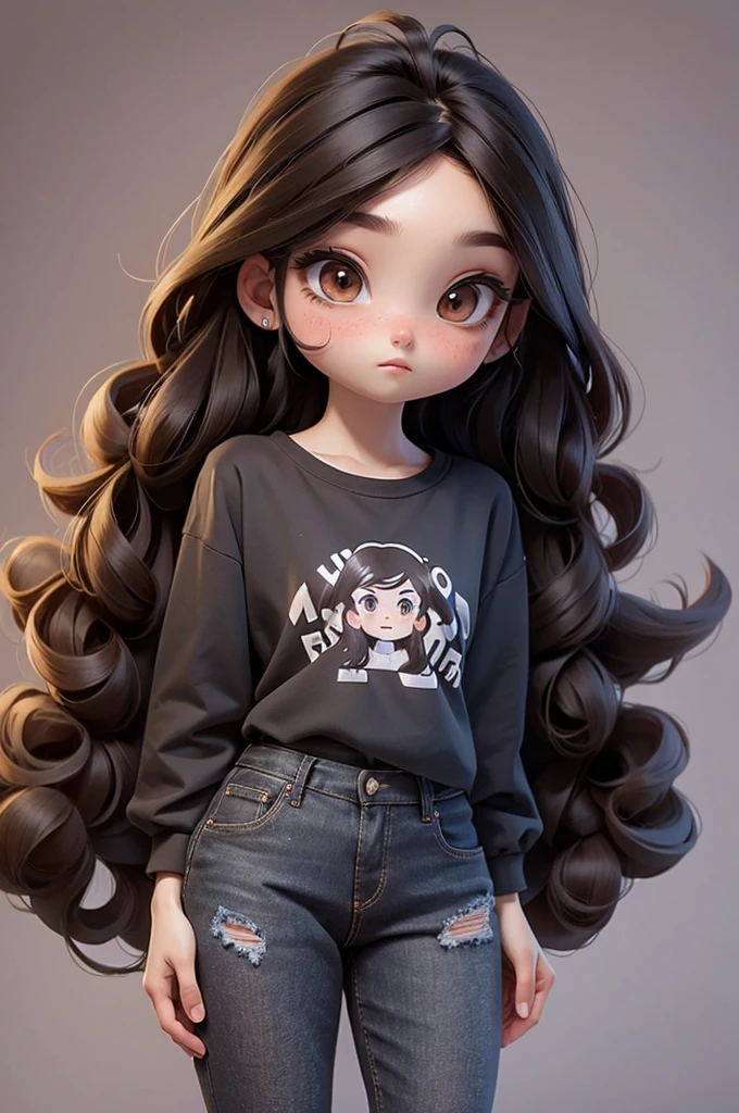 1 girl, long hair, Curly hair, ash brown hair color, Wearing a black T-shirt., Wear jeans, white black ground, Message 'JANE SALON', floating, sit