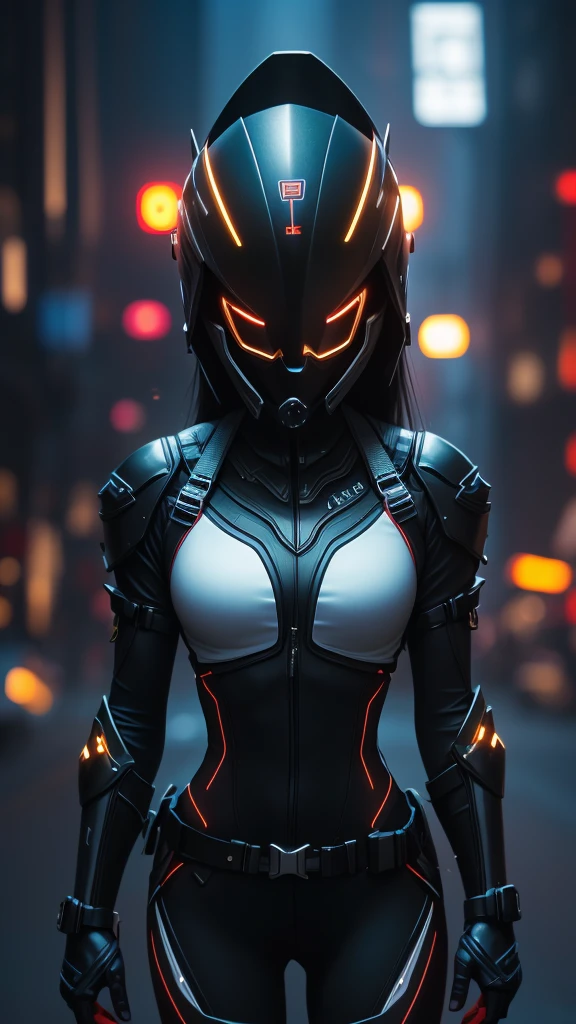 A warrior woman with a cyberpunk costume, with lights on the skin and top, (CG unity 32k engine), Wearing helmet and mask closed  full head, and armor showing parts of his body, blurred destroyed city background 