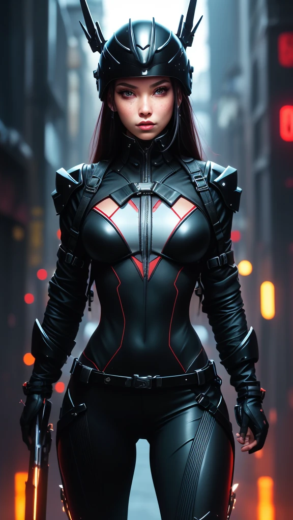 A warrior woman with a cyberpunk costume, with lights on the skin and top, (CG unity 32k engine), Wearing helmet and mask closed full head, and armor showing parts of his body, blurred destroyed city background
