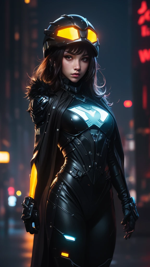 A warrior woman with a cyberpunk costume, with lights on the skin and top, (CG unity 32k engine), Wearing helmet and mask closed full head, and armor showing parts of his body, blurred destroyed city background