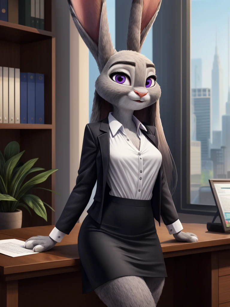 best quality,
masterpiece,
High quality
ultra-detailed
beautiful detailed,
hyper Realistic,
Portrait,
Looking at the audience,
detailed background,
background is an office,
(Face is JudyHopps:1.3),
((long straight hair)),
bangs,
purple eyes,
(arched eyebrows:1.1),
(uplift eyebrows:1.1),
(rabbit ears:1.1),
office lady is wearing suit,
((White blouse)),
((Black blazer jacket)),
((Black skirt)),
clothes made of cotton,
(body is gray felt:1.3),
human hands,
(solo:1.5),
(1 lady:1.5),
one character only
alone,
Perfect Anatomy