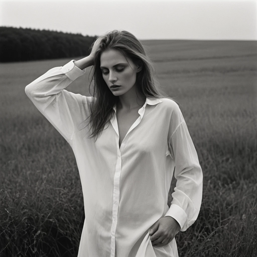 (dark mood masterpiece Photography by Mario Giacomelli:1.2), evil slavic woman, pale skin, long dark blond hair, Stunning b&w 35mm full body photo of a beautiful, perfecteyes, dark circles under eyes, highly detailed skin, (lightest freckles:0.9), standing in a casual pose with her hands on her nipples. wearing (wide-open:1.34) white_silk_shirt. unbuttoned shirt. (nipslip:1.4). a loose-fitting oversized men's unbuttoned shirt, open white business shirt. intricate poses by ruth bernhard. (Photography and style by ruth bernhard). 35mm, Hasselblad. capturing fashion-forward visuals, creating visual impact,evoking emotion,pushing creative boundaries. golden hour, shot from the side, playful pose, god rays,artistic photoshoot