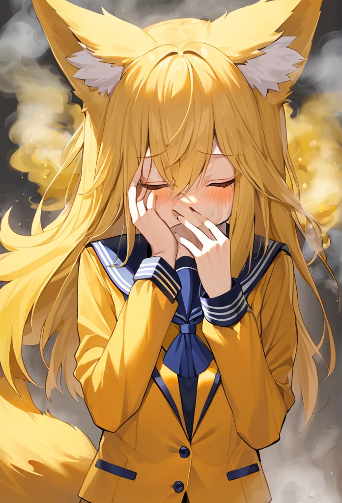 ((blocking the nose)),Bad smell,((hand cover your nose)),Yellow smoke,Sailor suit,Blonde,fox ear,fox girl,stinky,