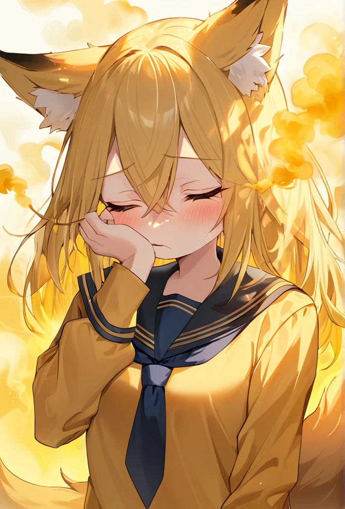((blocking the nose)),Bad smell,((hand cover your nose)),Yellow smoke,Sailor suit,Blonde,fox ear,fox girl,stinky,