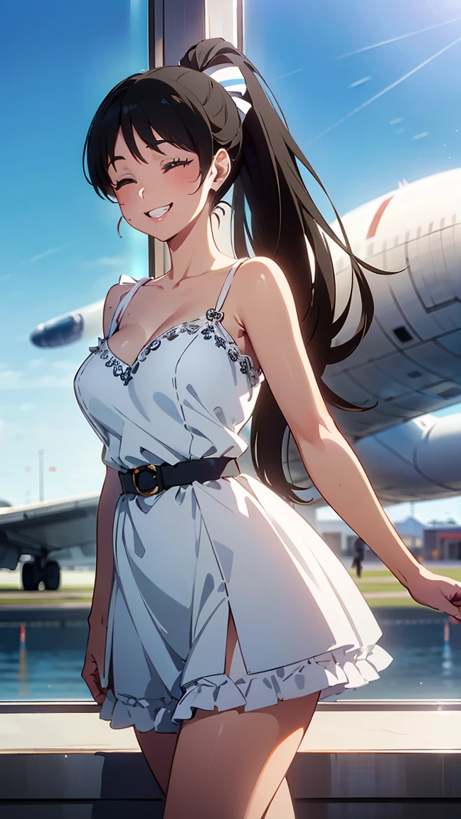  ((Pure white dress: 1.5)), ((Luxurious dress: 1.5)), ((Cute frilly dress: 1.5)), High quality, (8K, Raw, Best quality, Real: 1.5)), Ultra high quality, High quality, Best quality, Perfect face, Perfect limbs, Perfect fingers, High resolution, (((Blue sky: 1.5))), (((Jumbo jet seen through a large glass window: 1.5))), A girl with the deserted Haneda Airport in the background, (Beautiful anime face, Cute face, Detailed face), -- (Black hair, with bangs), ((Slim build 1.2)), (((Medium breasts 1.3))), ((Ponytail hairstyle 1.2)), --Adorable smile, (((Smiling with eyes closed:1.5))), (((Smile: 1.5))), Open lips, , Stand, Turn around, Back view, Miniature human hand, ((Haneda airport background detail: 1.5)), cartoon-like, perfect anatomy, perfect proportions, evening, nice lighting, bright colors, clean lines, information, blurry, stunning facial expression, restless emotions, gorgeous, cute, detailed beautiful face and eyes, (masterpiece) beautiful face, young handsome girl, realistic and perfect skin, bokeh, stunning facial expression, restless emotions, gorgeous, cute, detailed beautiful face and eyes, (Audrey Hepburn), (), Blake, slim with cleavage Such beautiful skin, (cute type), (J-pop idol), (thighs, (depth of field), (depth of field), soft light, glittering lens gaze, (droopy eyes), straight teeth, shy smile, floating hair, Blake movie scene, full color of the movie, 4K, 8K, 16K lace, raw photo, must-see movie, professional color grade, professional photographer, high school girl, , soft clean focus, realistic lighting and shading, (very delicate (beautiful artistic), graceful eyes), (thin), (abdomen 0. 95), (slim), (beautiful girl), (waist detail 1.15), (beautiful girl), (detail), open lips, face with full makeup with red lips, (glowing skin), (perfect female body), (total length 1.