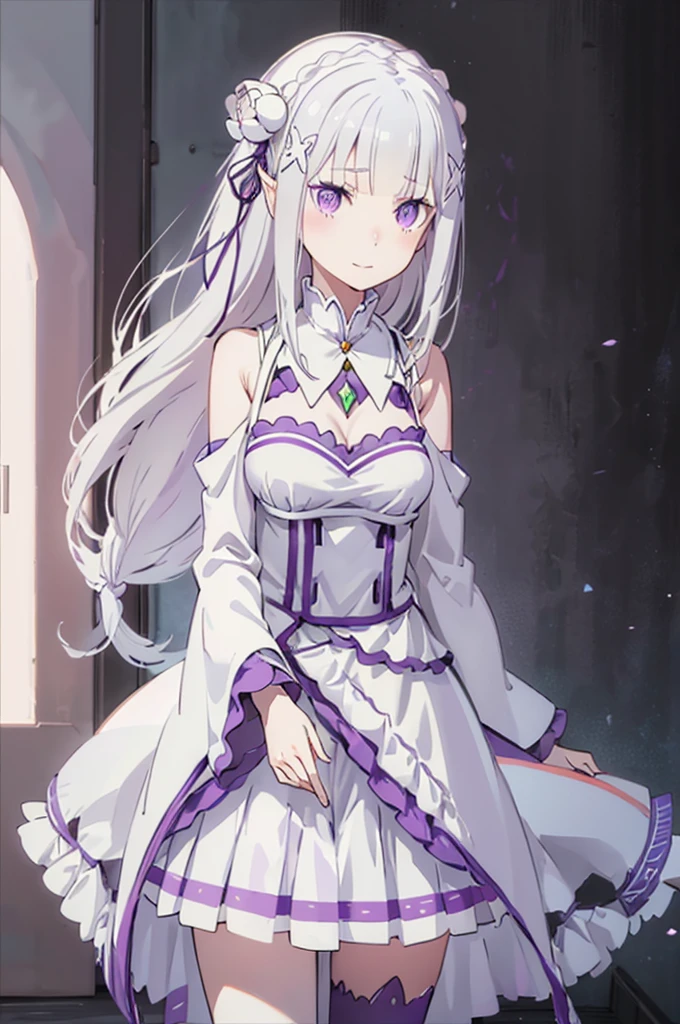 emilia,
Rezero emilia,
1girl,
best illustration, masterpiece, best quality, (anime screencap:0.8), (official art:0.7), detailed beautiful face and eyes, nice hands, perfect hands, BREAK long hair, low-tied long hair, braid, crown braid, animate,
white hair,
(purple eyes:1.2), (beautiful detailed eyes:1.6),
looking at viewer,
pointy ears,
BREAK smile,
dress, pink dress, BREAK bare shoulders, detached collar, long sleeves, shoulder cutout, wide sleeves, white sleeves,
medium breasts,
zettai ryouiki,
flower, hair flower, hair ornament, hair ribbon, white flower, x hair ornament,
cowboy shot ,
perfect lighting,
background of indoor,