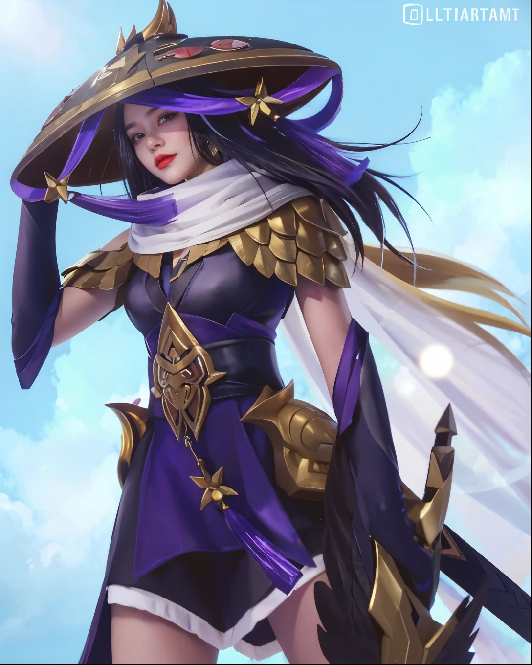 (female:1.2), 8k, ultra hd, ultra detailed texture, hyper realistic, masterpiece, detailed texture, detailed face, detailed skin, detailed lighting, (photorealistic:1.5), best quality, beautiful lighting, cinematic lighting, professional lighting, ultra highres, realistic, detailed hair, real hair, high quality, (realskin:1.5), extremely detailed, finely detail, ultra-detailed, 1girl, solo, elf, pointy ears, standing, demon horns, forehead protector, (red eyes:1.5), v-shapped eyebrow, lips, red lips, evil smile, nose, make up, pretty, beautiful, cute face, long hair, blue hair, high ponytail, large breasts, cleavage, armpit, navel, stomach, black armor, pauldrons, bare shoulders, shoulder armor, thigh high, sleevless, detached sleeves, breastplate, gauntlets, karina \(mobile legends\), depth of field, looking aways, white skin, skin tight, amazing pose, outdoors, glowing, dark view, blurry background