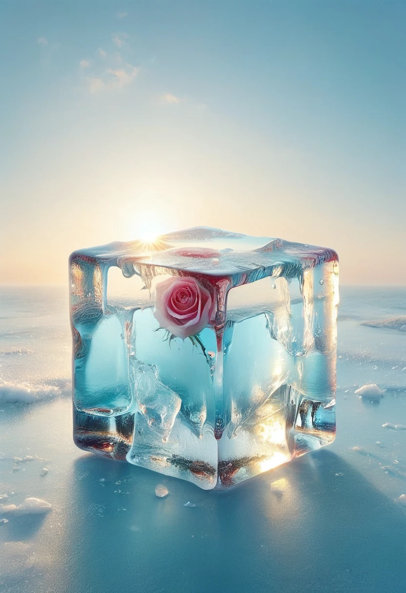 An oil painting，sunrise，Ocean，horizon，peaceful，Ice cubes里的红色玫瑰，Ice cubes，Frozen Rose，Refracted Light